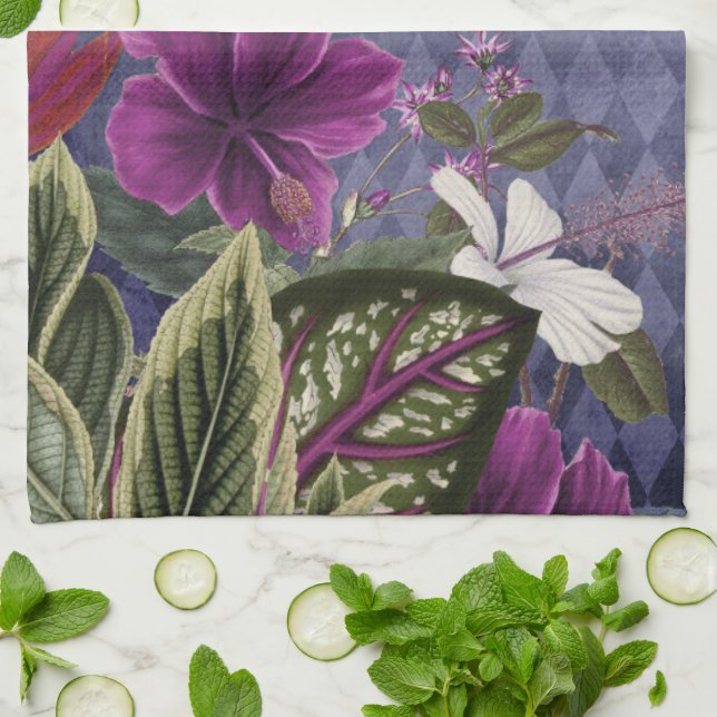 Elegant Purple Tropical Floral Kitchen Towel (Folded)