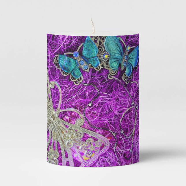 Elegant Purple Turquoise Blue Gold Butterflies Pillar Candle (Front)