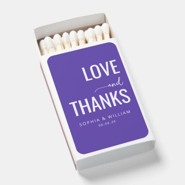 Elegant Purple Typographic Love Thanks Matchboxes (Front Open)