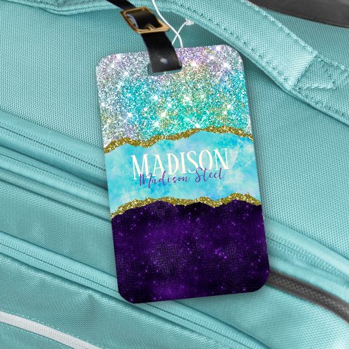 Elegant Purple unicorn faux glitter monogram Luggage Tag