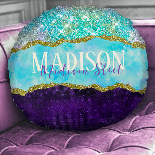 Elegant Purple unicorn faux glitter monogram Round Pillow