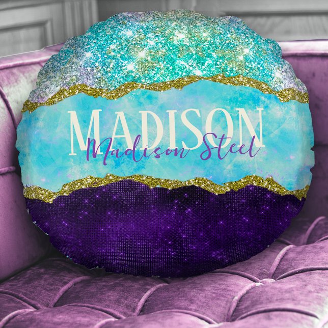 Elegant Purple unicorn faux glitter monogram Round Pillow (Creator Uploaded)