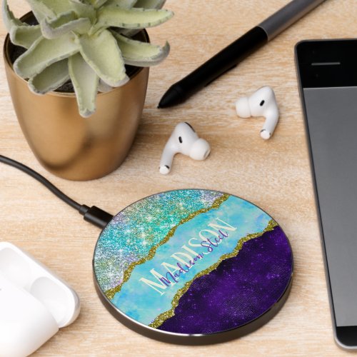 Elegant Purple unicorn faux glitter monogram Wireless Charger