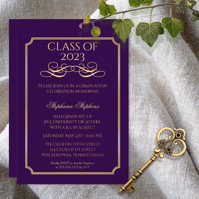 Elegant Purple University Graduation Party Gold   Foil Invitation (Creator Uploaded)
