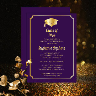 Elegant Purple University Graduation Party Gold Foil Invitation