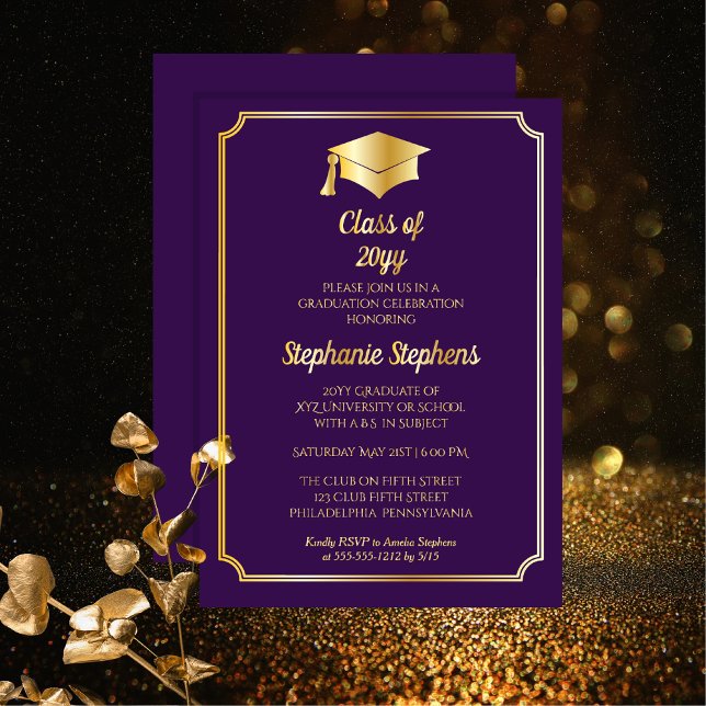 Elegant Purple University Graduation Party Gold  Foil Invitation (Elegant Purple and Gold College or University Graduation Announcement and Party Foil Invitation )