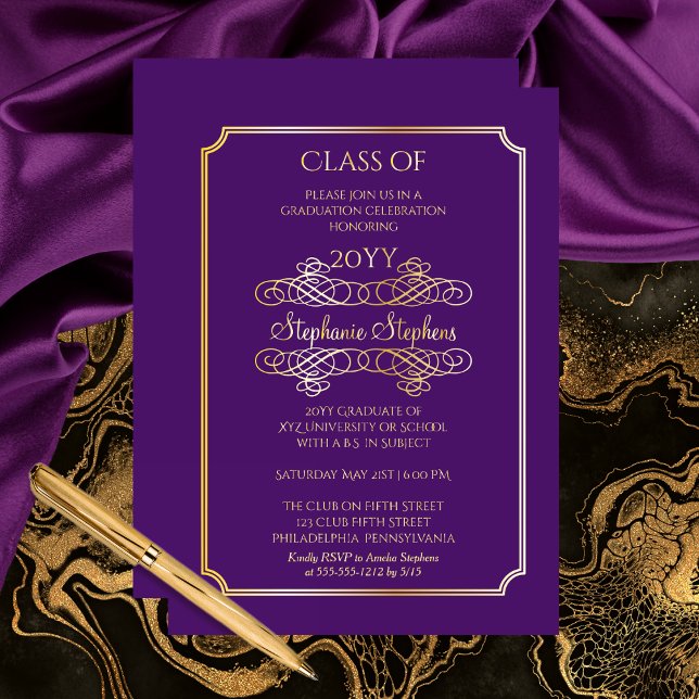 Elegant Purple University Graduation Party Gold Foil Invitation (Elegant Purple College | University Non-Photo Announcement and Party Gold Foil Invitation)