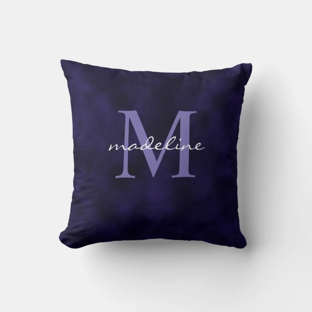 Elegant Purple Velvet Script Monogram Throw Pillow (Front)