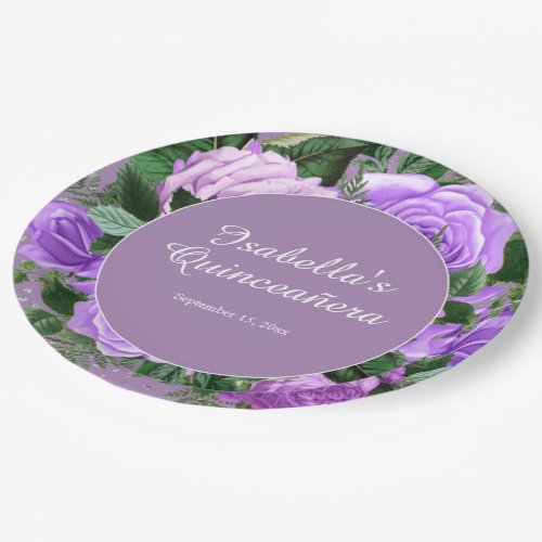 Elegant Purple Vintage Flowers Quinceaera  Paper Plates