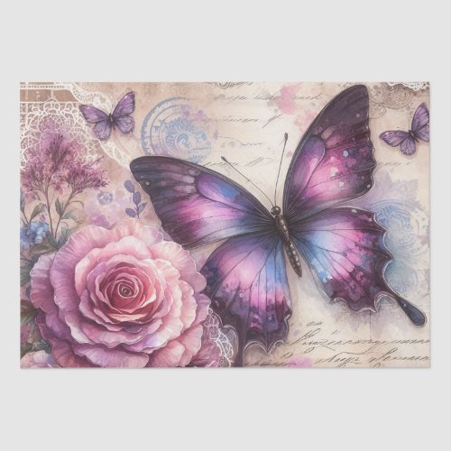 Elegant Purple Vintage Grunge Floral Butterfly  Tissue Paper