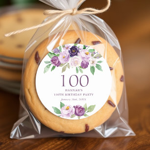 Elegant Purple   Violet Floral 100th Birthday  Classic Round Sticker