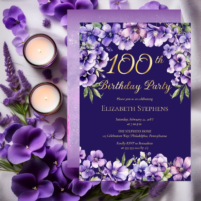 Elegant Purple Violet Floral 100th Birthday Party Foil Invitation (Elegant Purple Violets Floral 100th Birthday Party Gold Foil Invitation)