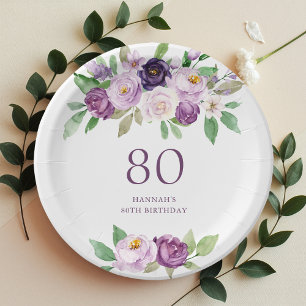 Elegant Purple Violet Floral 80th Birthday Paper Plates