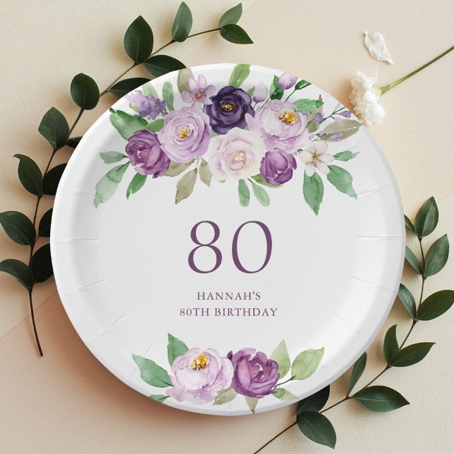 Elegant Purple | Violet Floral 80th Birthday  Paper Plates (Creator Uploaded)