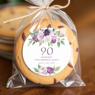Elegant Purple   Violet Floral 90th Birthday  Classic Round Sticker