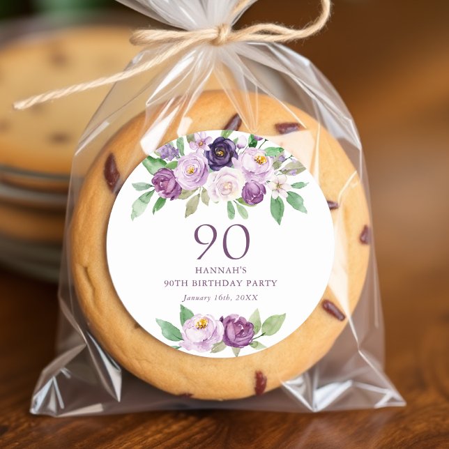 Elegant Purple | Violet Floral 90th Birthday  Classic Round Sticker (Creator Uploaded)