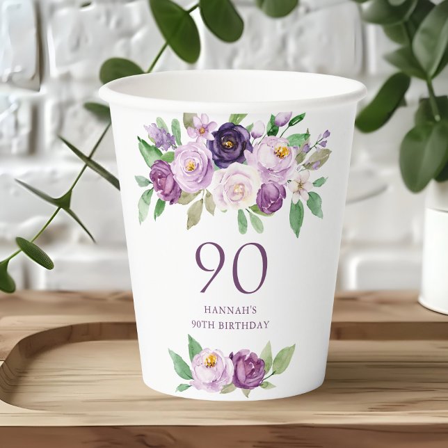 Elegant Purple | Violet Floral 90th Birthday  Paper Cups (Creator Uploaded)