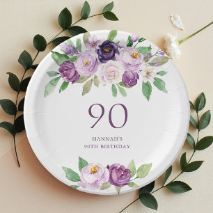 Elegant Purple Violet Floral 90th Birthday Paper Plates