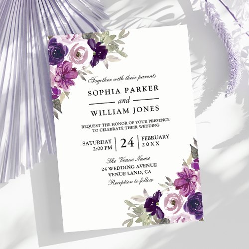 Elegant Purple Violet Floral Winter Wedding Invitation