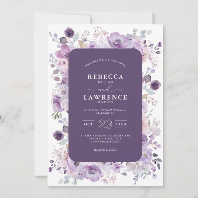 Elegant purple violet flowers wedding invitation (Front)