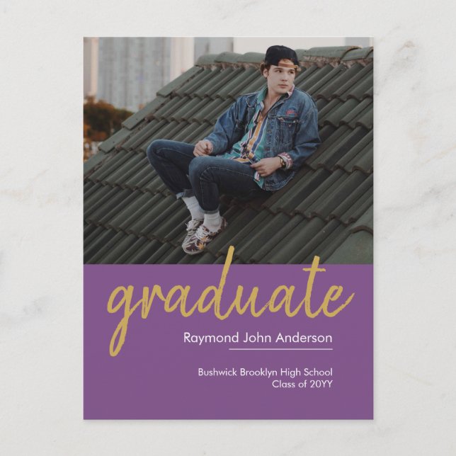 Elegant Purple Violet Gold Script Photo Graduation Announcement Postcard (Front)