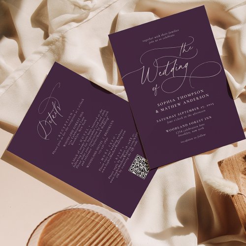Elegant Purple Violet QR Code All in one Wedding Invitation