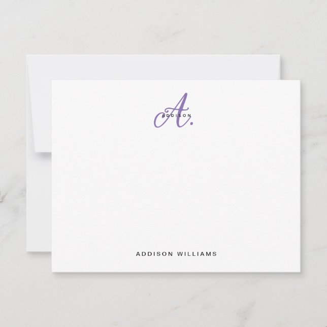 Elegant Purple Violet Script Monogram Note Card (Front)