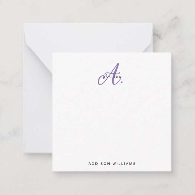 Elegant Purple Violet Script Monogram Note Card (Front)