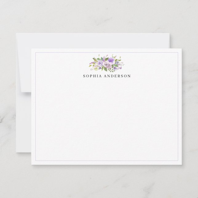 Elegant Purple Violet Stylish Floral Watercolor Note Card (Front)