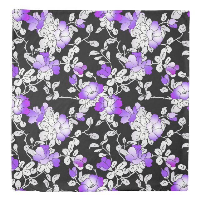 Elegant Purple Violet White Black Floral Pattern Duvet Cover (Front)