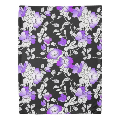 Elegant Purple Violet White Black Floral Pattern Duvet Cover