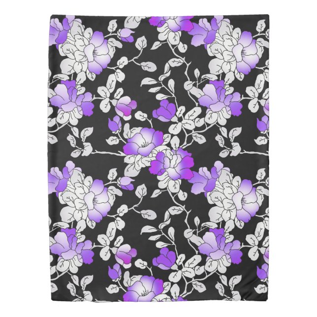 Elegant Purple Violet White Black Floral Pattern Duvet Cover (Front)