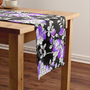 Elegant Purple Violet White Black Floral Pattern Short Table Runner