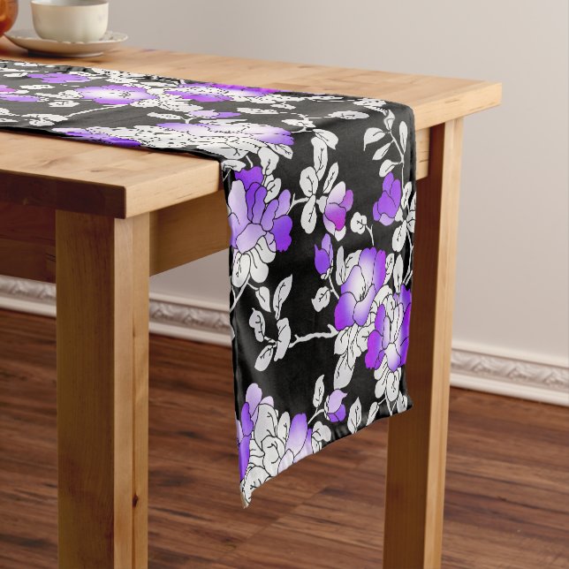 Elegant Purple Violet White Black Floral Pattern Short Table Runner (In Situ)
