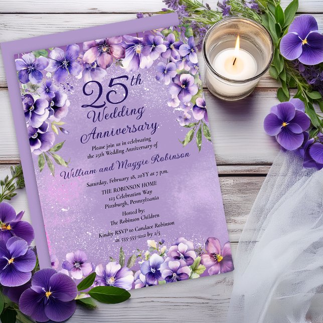 Elegant Purple Violets 25th Wedding Anniversary  Invitation (Elegant Purple Violets 25th Wedding Anniversary Invitation -- Print | Digital Download)