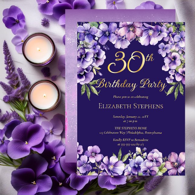 Elegant Purple Violets Floral 30th Birthday Party Foil Invitation (Elegant Purple Violets Floral 30th Birthday Party Gold Foil Invitation)
