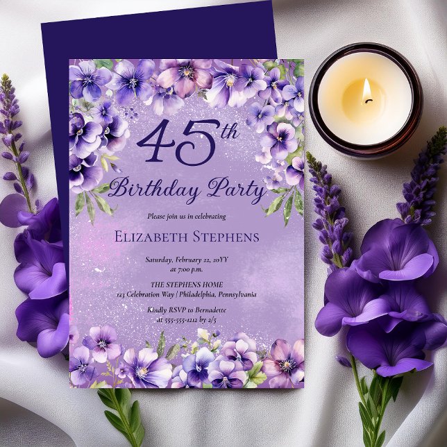 Elegant Purple Violets Floral 45th Birthday Party  Invitation (Elegant Purple Violets Floral 45th Birthday Party Invitation)