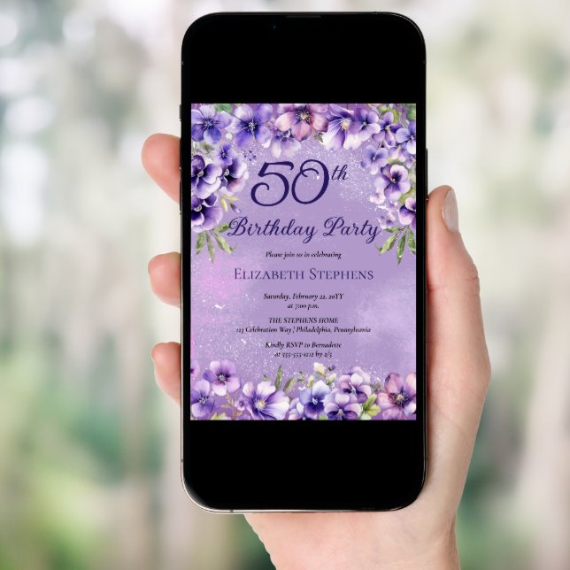 Elegant Purple Violets Floral 50th Birthday Party  Invitation (Front Digital)