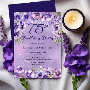 Elegant Purple Violets Floral 75th Birthday Party Invitation
