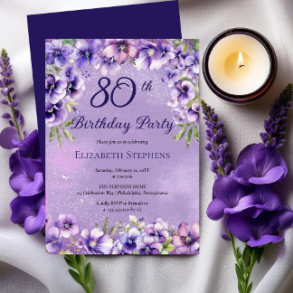 Elegant Purple Violets Floral 80th Birthday Party Invitation