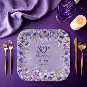 Elegant Purple Violets Floral 80th Birthday Party Paper Plates