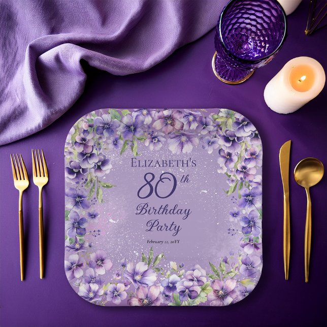 Elegant Purple Violets Floral 80th Birthday Party  Paper Plates (Boho Elegant Purple Violets Floral 80th Birthday Party Square Paper Plates)