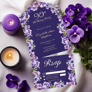 Elegant Purple Violets Floral 90th Birthday Party All In One Invitation