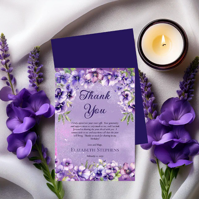 Elegant Purple Violets Floral Birthday Party Thank You Card
