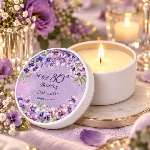 Elegant Purple Violets Floral Happy 80th Birthday Mini Candle Favors