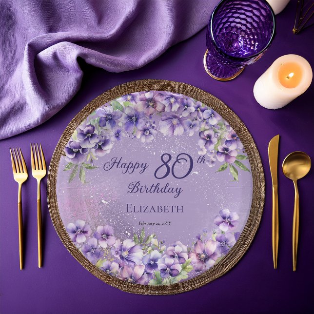 Elegant Purple Violets Floral Happy 80th Birthday Paper Plates (Boho Elegant Purple Violets Floral Happy 80th Birthday Party Paper Plates)