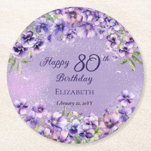 Elegant Purple Violets Floral Happy 80th Birthday Round Paper Coaster