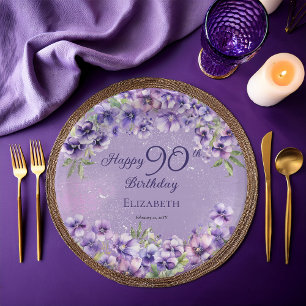 Elegant Purple Violets Floral Happy 90th Birthday Paper Plates