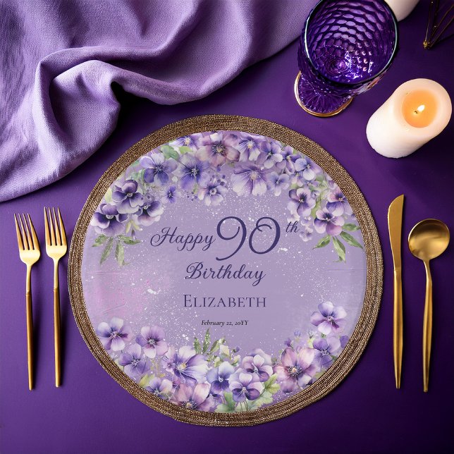 Elegant Purple Violets Floral Happy 90th Birthday Paper Plates (Boho Elegant Purple Violets Floral Happy 80th Birthday Party Paper Plates)