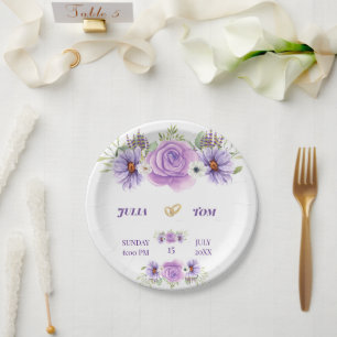 Elegant Purple Water Color Floral Wedding Paper Plates